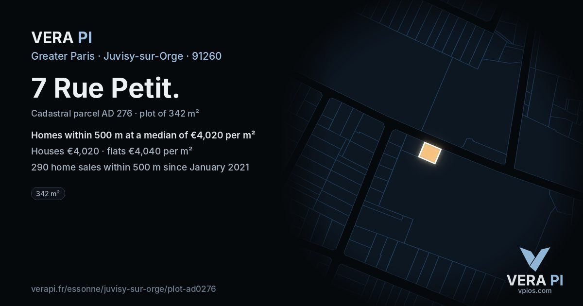 7 Rue Petit, Juvisy-sur-Orge at night – the plot lit, the parcels around coloured by the prices near them