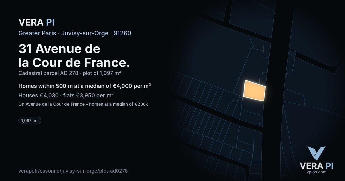 31 Avenue de la Cour de France, Juvisy-sur-Orge at night – the plot lit, the parcels around coloured by the prices near them