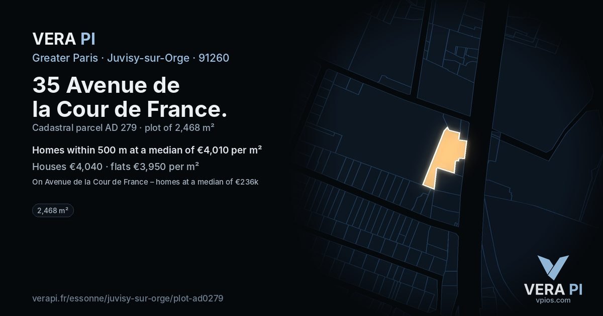 35 Avenue de la Cour de France, Juvisy-sur-Orge at night – the plot lit, the parcels around coloured by the prices near them