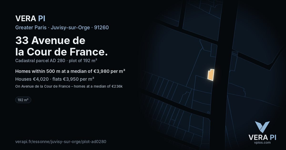 33 Avenue de la Cour de France, Juvisy-sur-Orge at night – the plot lit, the parcels around coloured by the prices near them