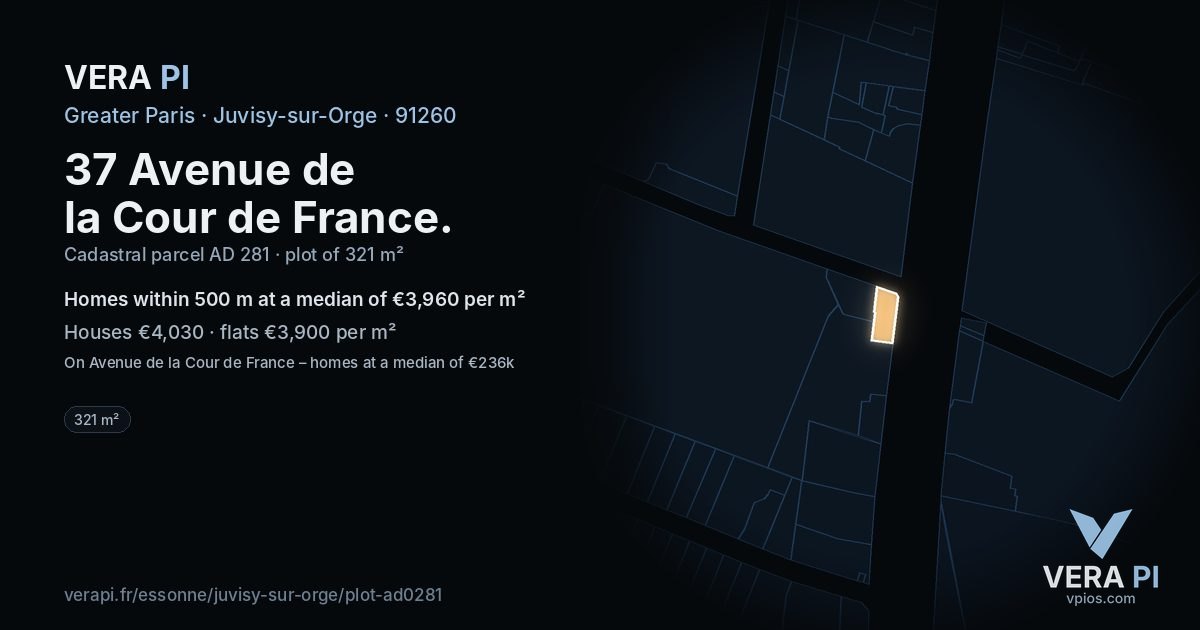 37 Avenue de la Cour de France, Juvisy-sur-Orge at night – the plot lit, the parcels around coloured by the prices near them
