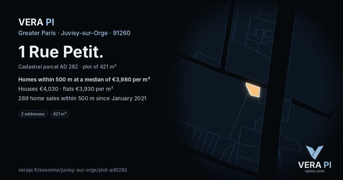 1 Rue Petit, Juvisy-sur-Orge at night – the plot lit, the parcels around coloured by the prices near them