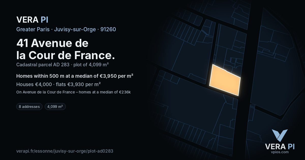 41 Avenue de la Cour de France, Juvisy-sur-Orge at night – the plot lit, the parcels around coloured by the prices near them