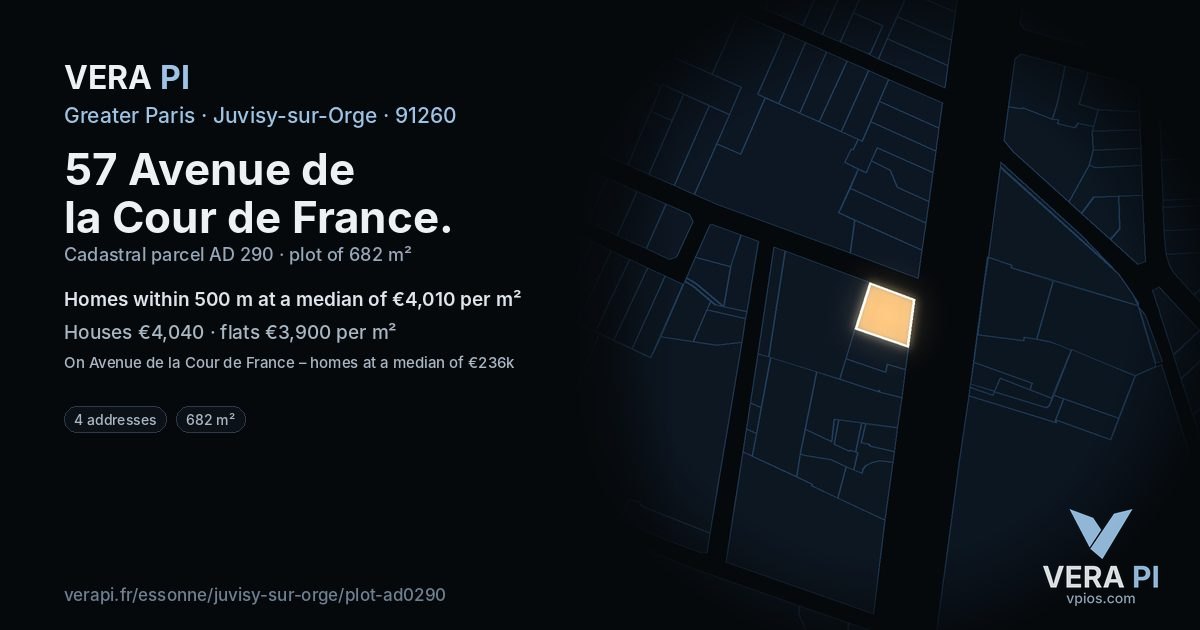 57 Avenue de la Cour de France, Juvisy-sur-Orge at night – the plot lit, the parcels around coloured by the prices near them