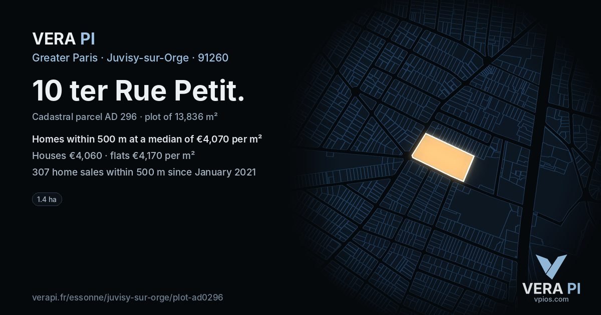 10 ter Rue Petit, Juvisy-sur-Orge at night – the plot lit, the parcels around coloured by the prices near them
