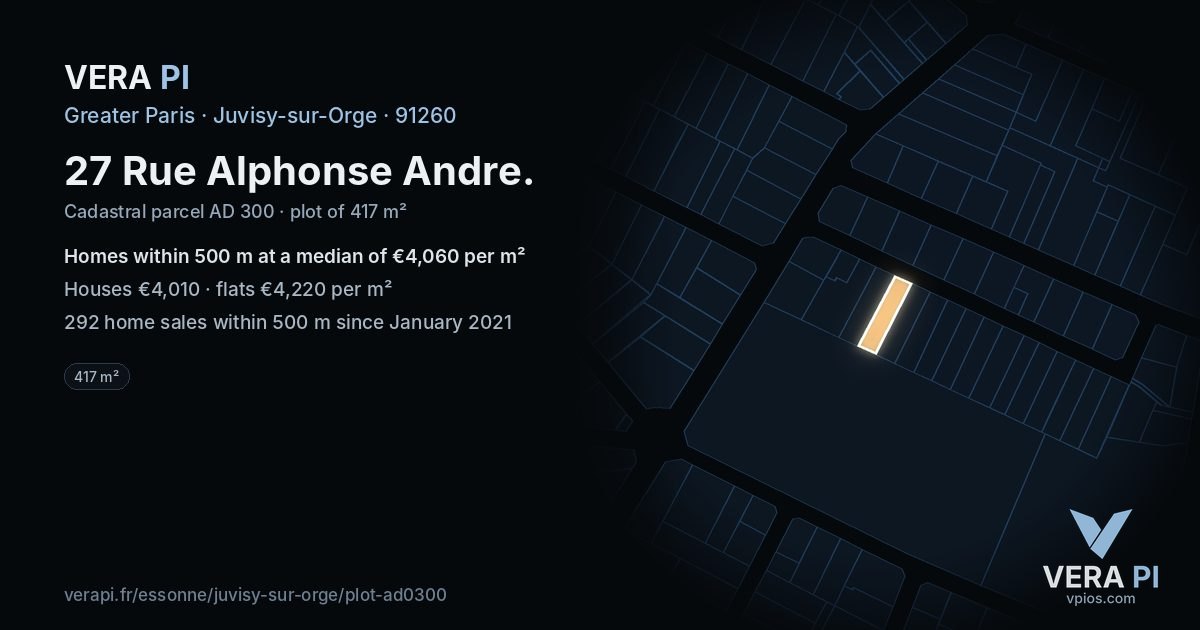 27 Rue Alphonse Andre, Juvisy-sur-Orge at night – the plot lit, the parcels around coloured by the prices near them