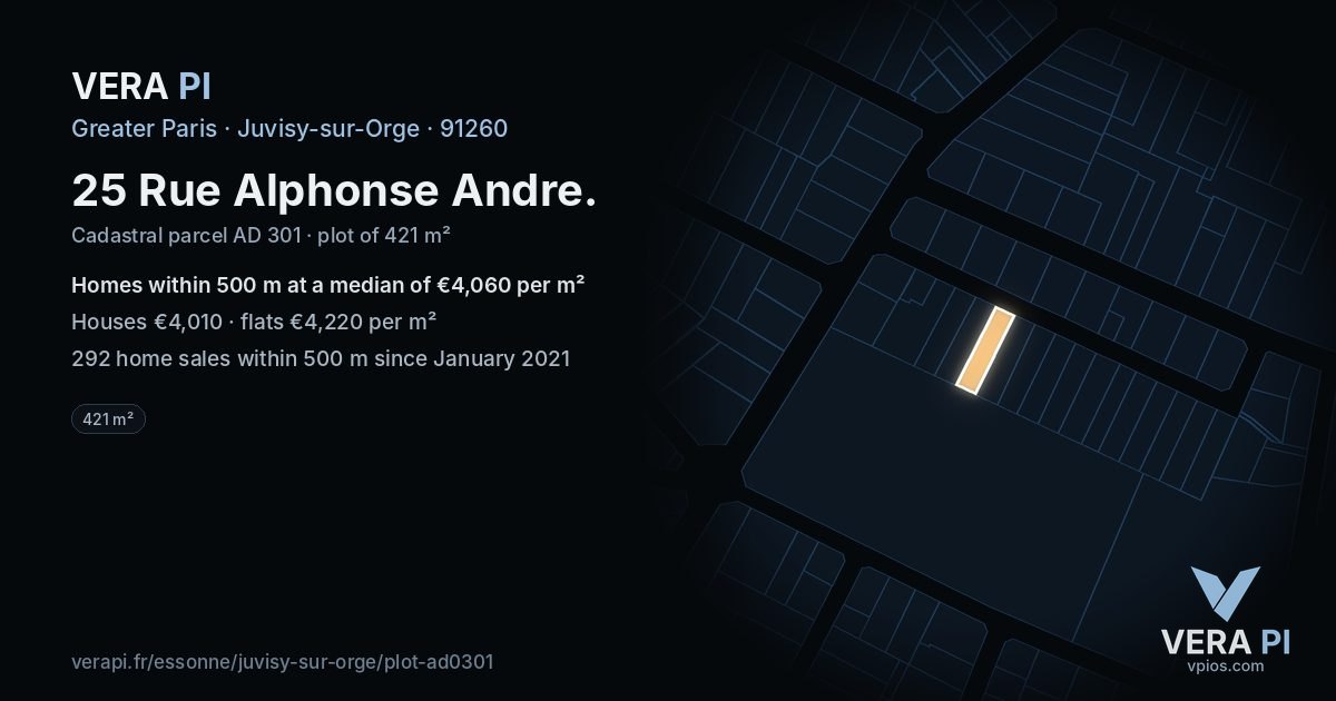 25 Rue Alphonse Andre, Juvisy-sur-Orge at night – the plot lit, the parcels around coloured by the prices near them