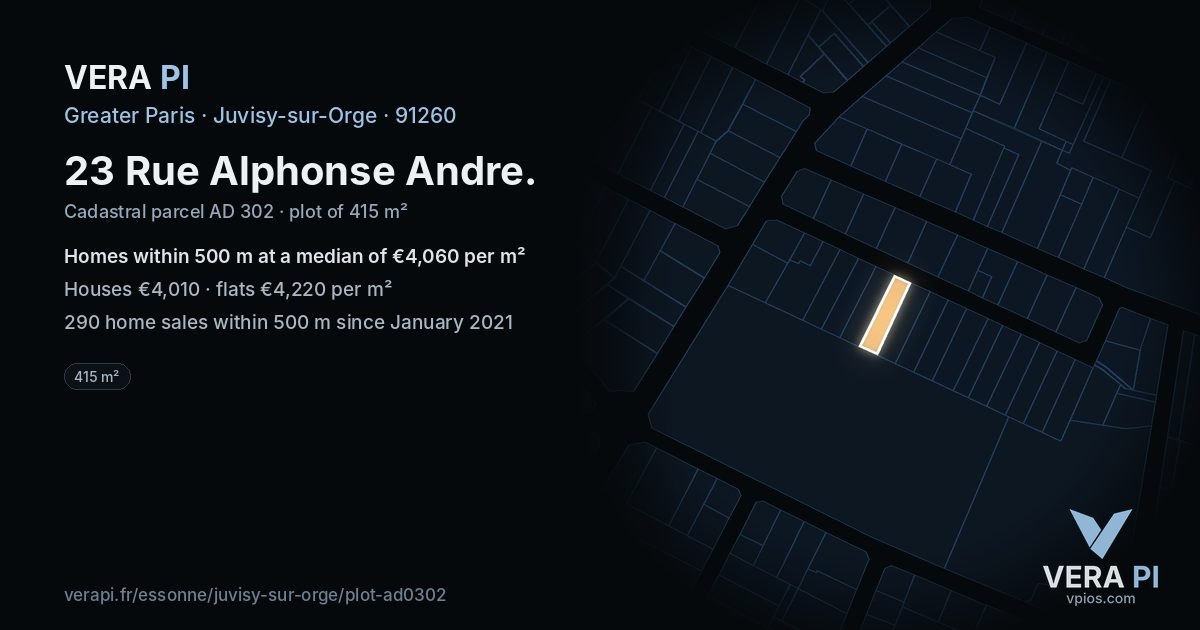 23 Rue Alphonse Andre, Juvisy-sur-Orge at night – the plot lit, the parcels around coloured by the prices near them