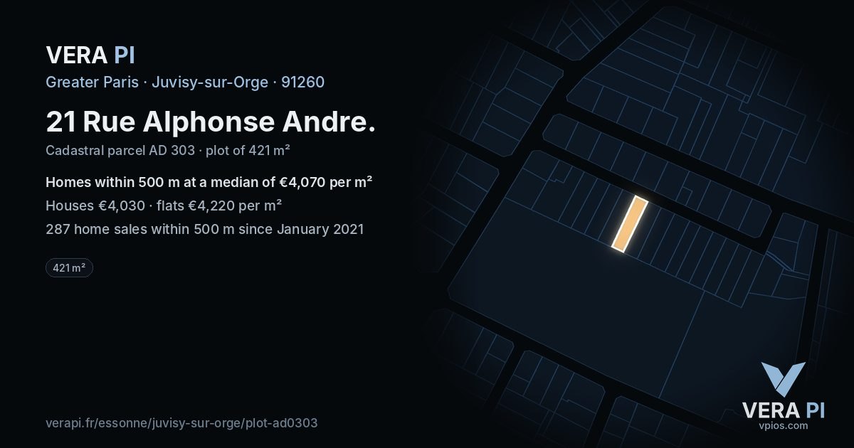 21 Rue Alphonse Andre, Juvisy-sur-Orge at night – the plot lit, the parcels around coloured by the prices near them