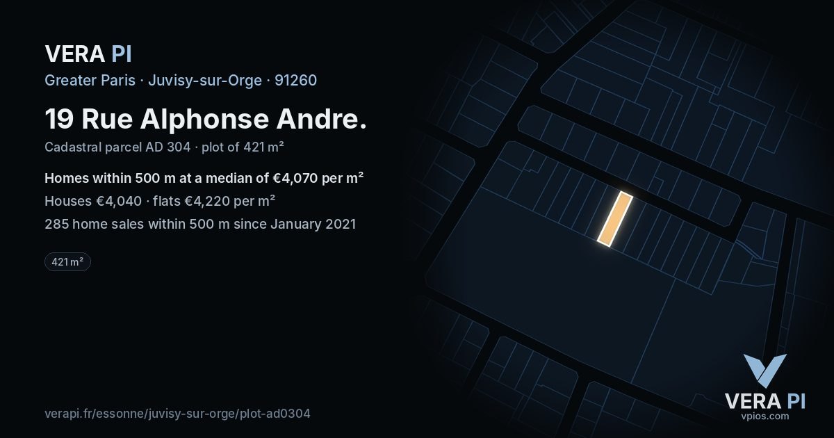 19 Rue Alphonse Andre, Juvisy-sur-Orge at night – the plot lit, the parcels around coloured by the prices near them