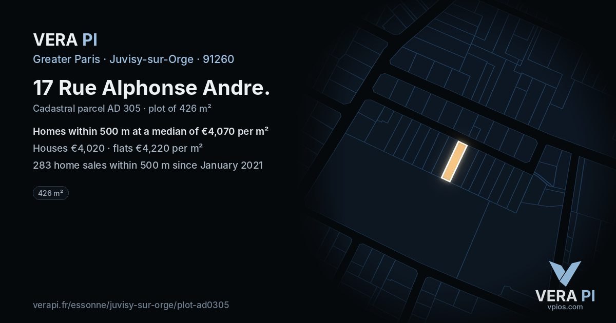 17 Rue Alphonse Andre, Juvisy-sur-Orge at night – the plot lit, the parcels around coloured by the prices near them