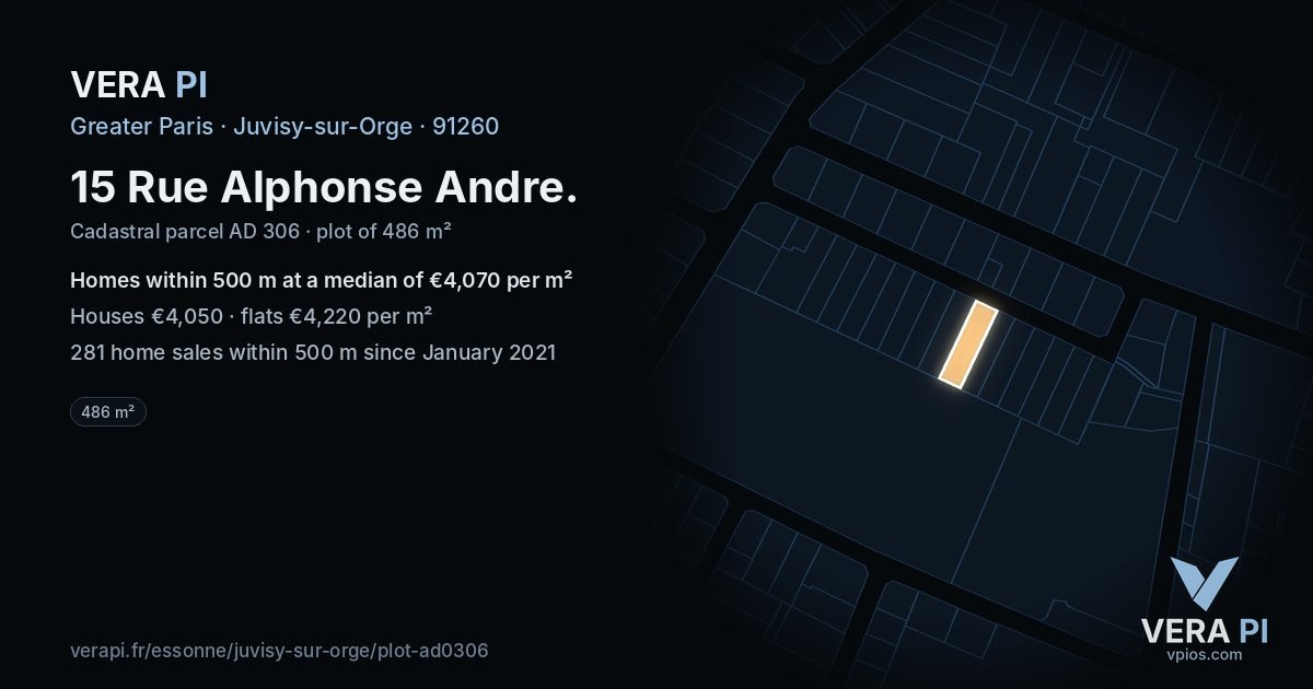 15 Rue Alphonse Andre, Juvisy-sur-Orge at night – the plot lit, the parcels around coloured by the prices near them