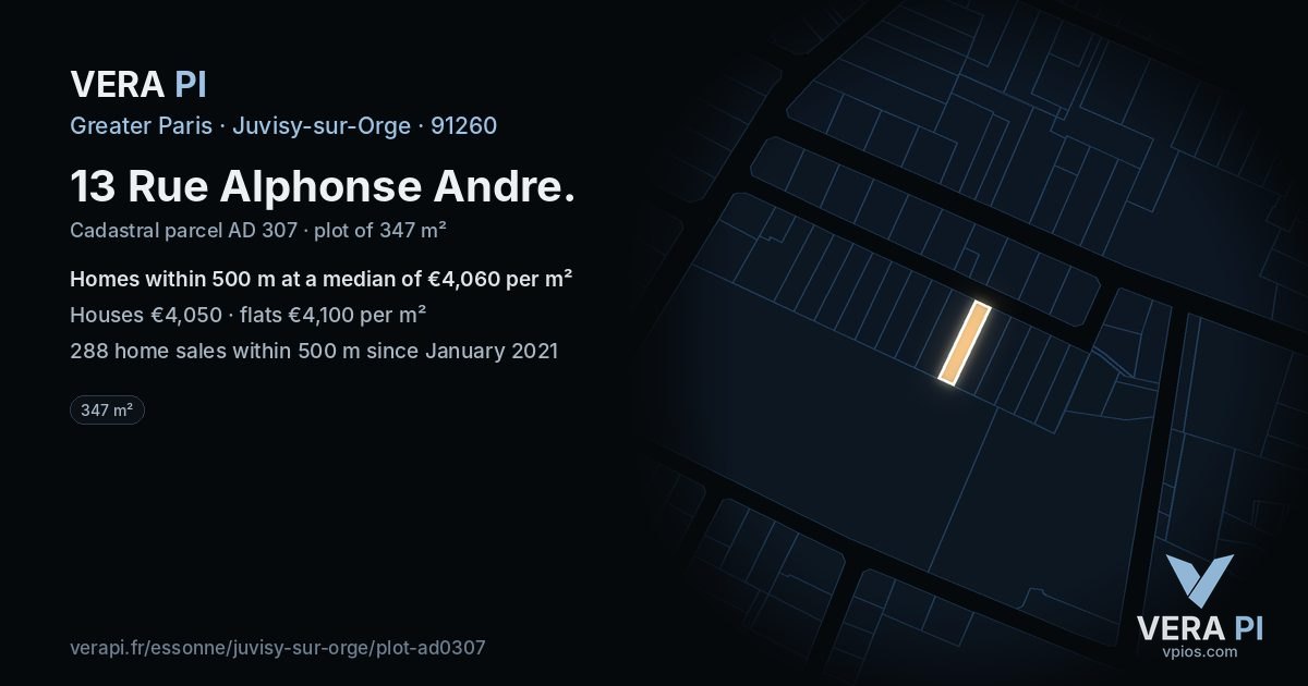 13 Rue Alphonse Andre, Juvisy-sur-Orge at night – the plot lit, the parcels around coloured by the prices near them