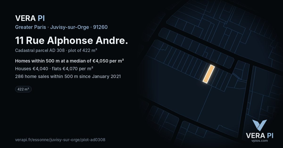 11 Rue Alphonse Andre, Juvisy-sur-Orge at night – the plot lit, the parcels around coloured by the prices near them