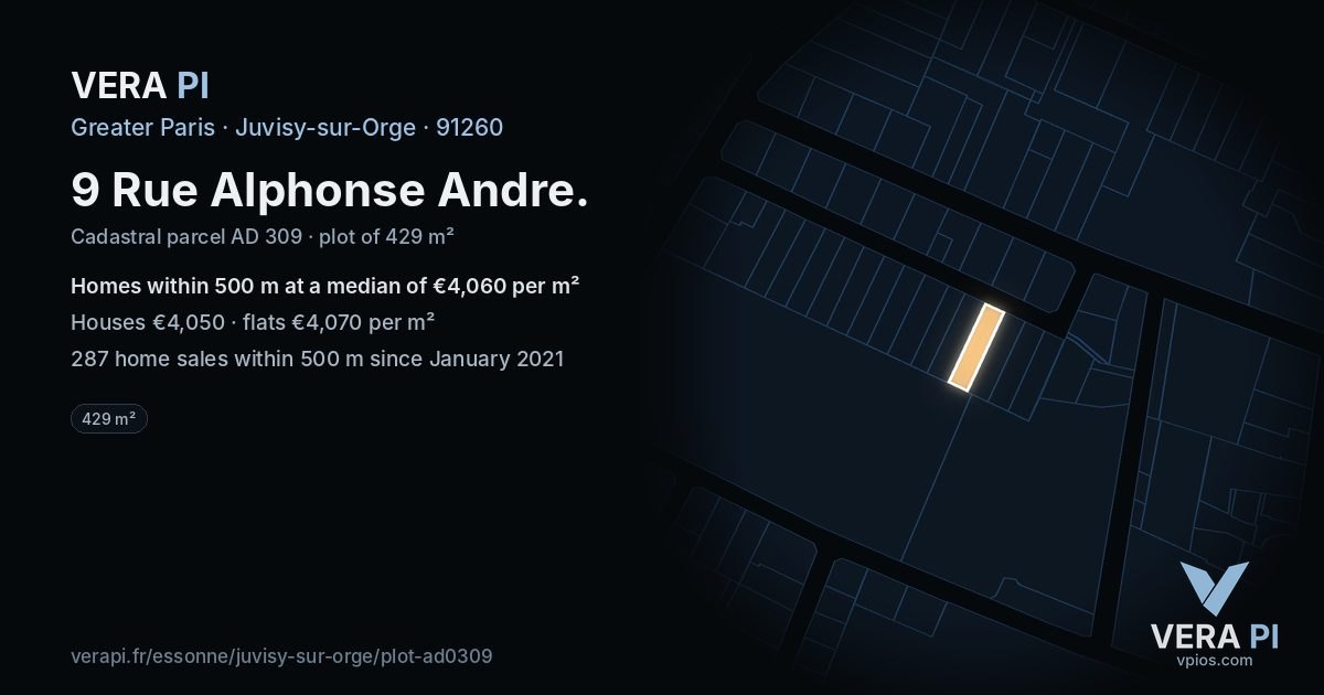 9 Rue Alphonse Andre, Juvisy-sur-Orge at night – the plot lit, the parcels around coloured by the prices near them