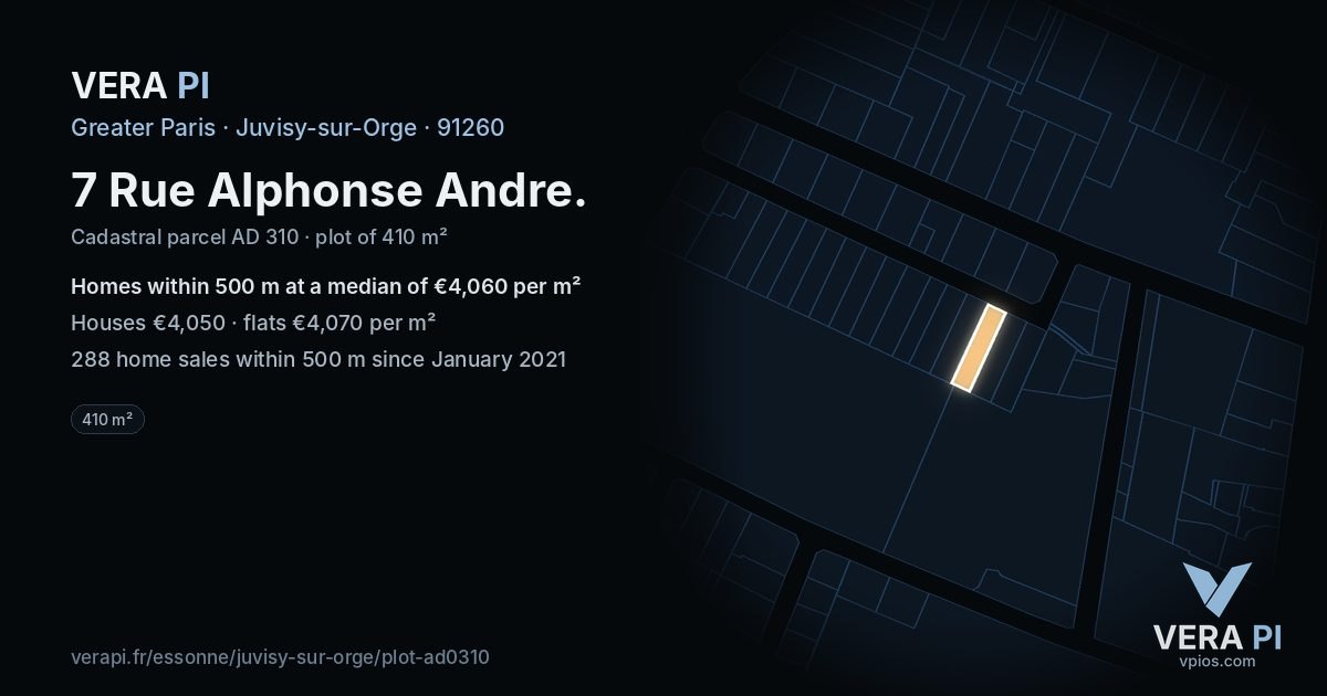 7 Rue Alphonse Andre, Juvisy-sur-Orge at night – the plot lit, the parcels around coloured by the prices near them