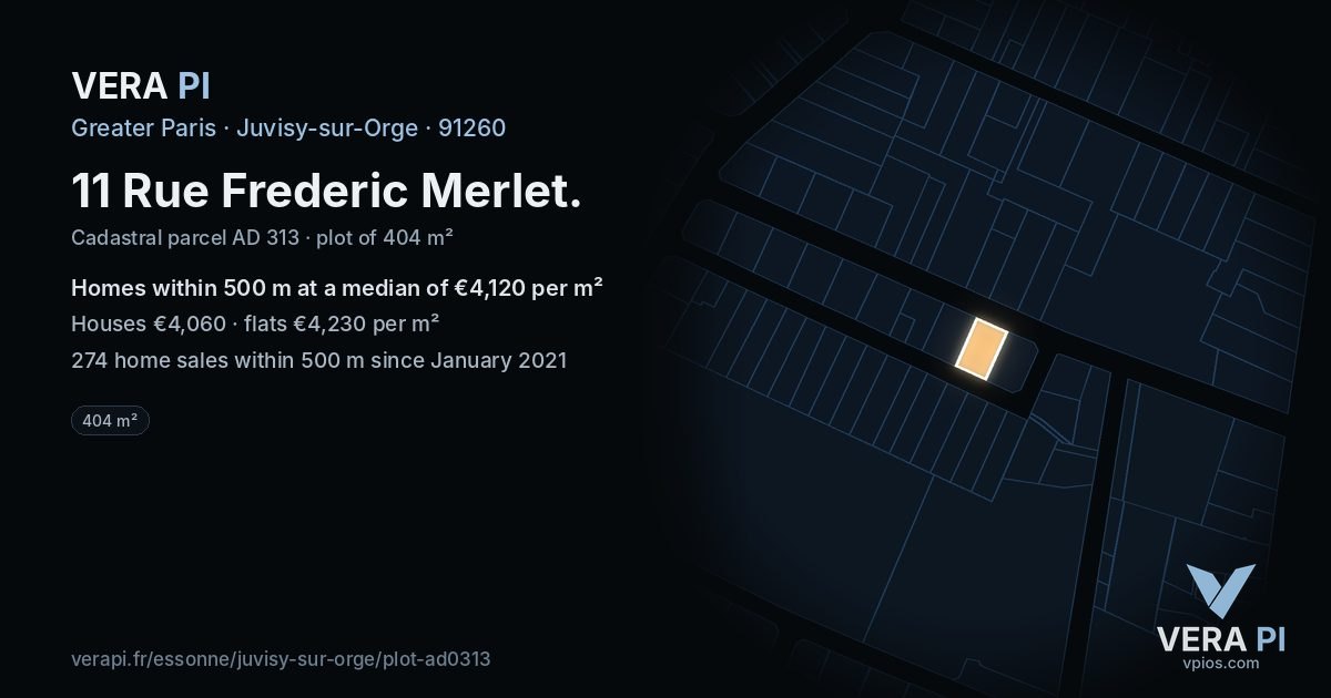 11 Rue Frederic Merlet, Juvisy-sur-Orge at night – the plot lit, the parcels around coloured by the prices near them
