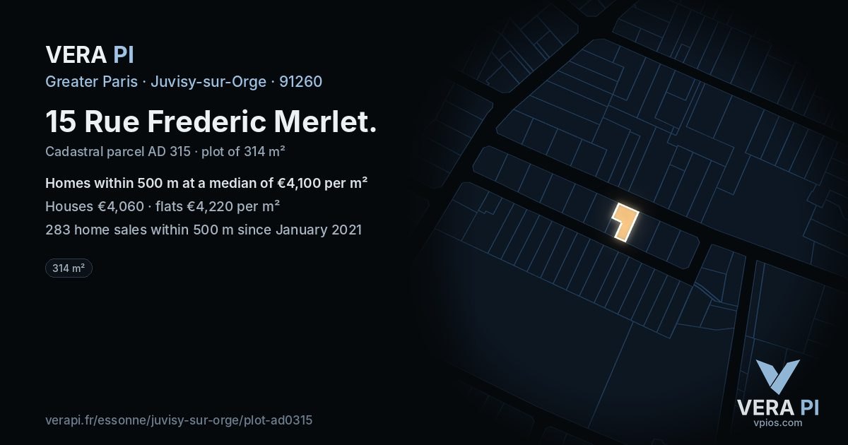 15 Rue Frederic Merlet, Juvisy-sur-Orge at night – the plot lit, the parcels around coloured by the prices near them