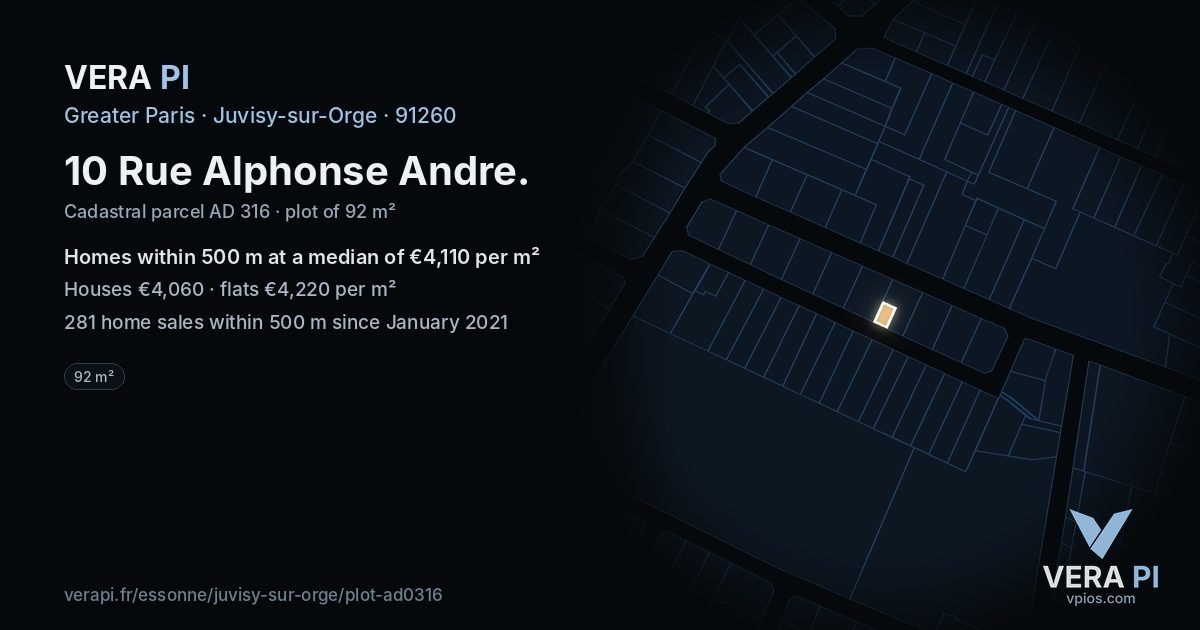 10 Rue Alphonse Andre, Juvisy-sur-Orge at night – the plot lit, the parcels around coloured by the prices near them