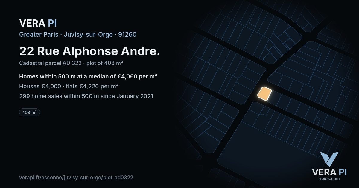 22 Rue Alphonse Andre, Juvisy-sur-Orge at night – the plot lit, the parcels around coloured by the prices near them