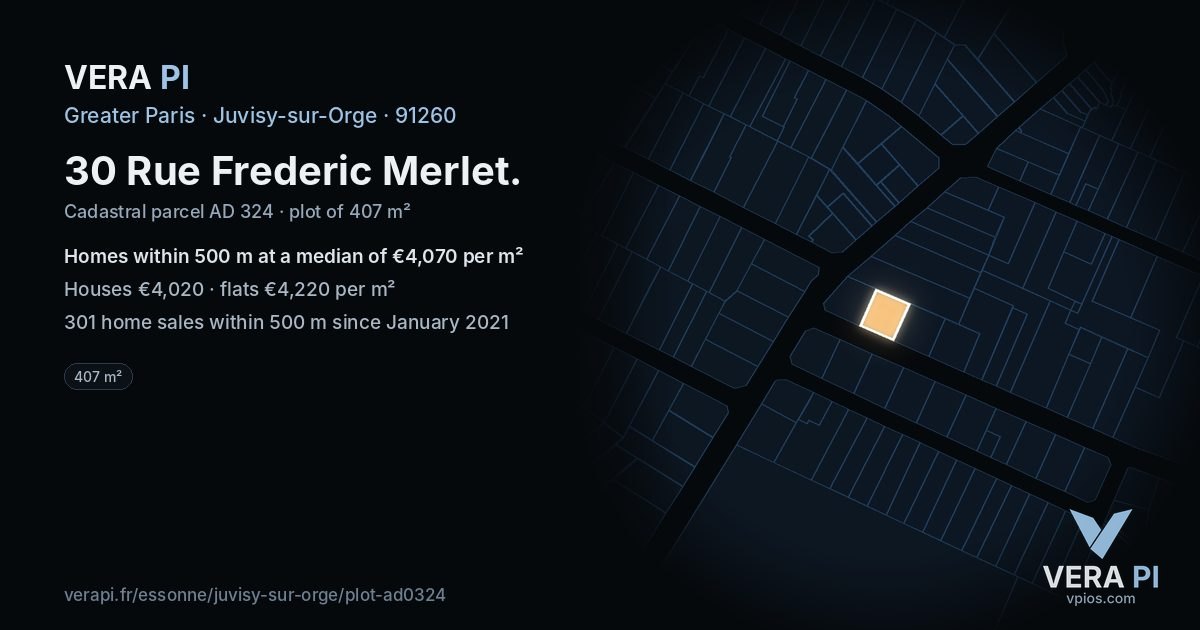30 Rue Frederic Merlet, Juvisy-sur-Orge at night – the plot lit, the parcels around coloured by the prices near them