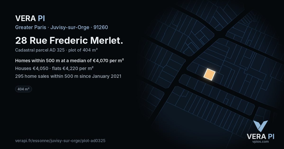 28 Rue Frederic Merlet, Juvisy-sur-Orge at night – the plot lit, the parcels around coloured by the prices near them