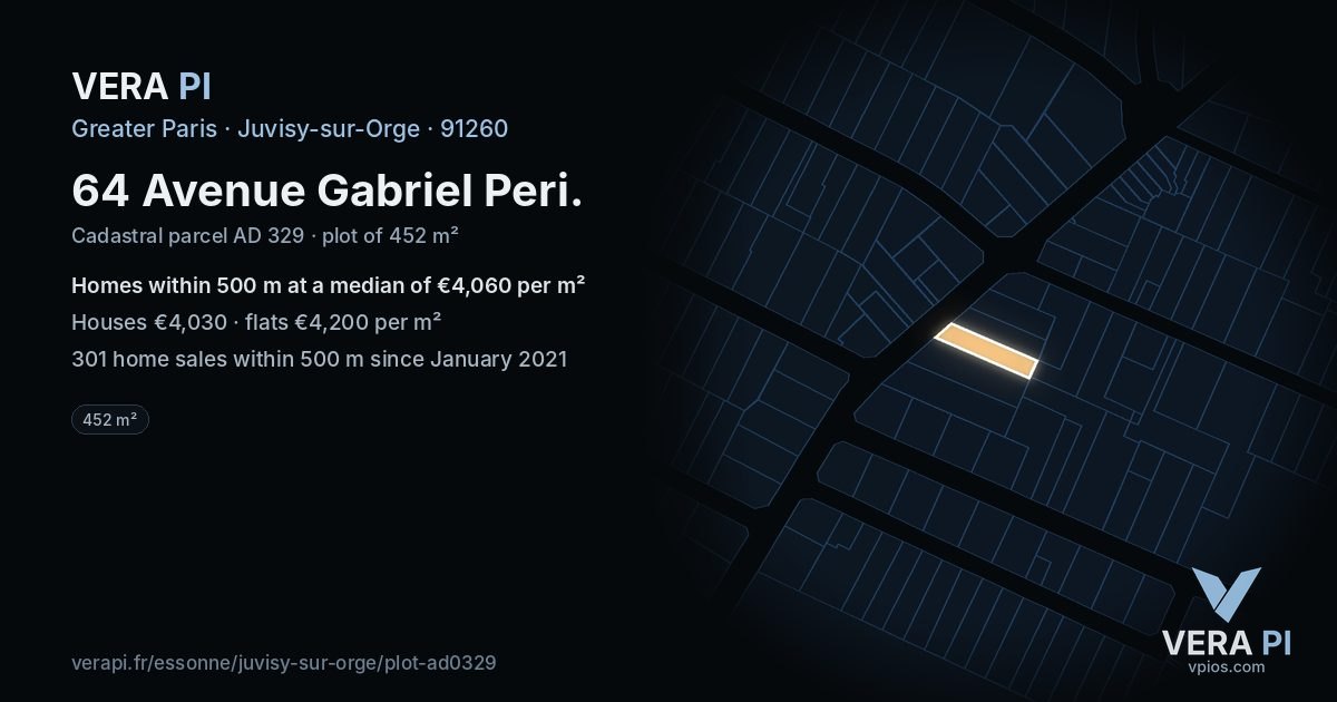 64 Avenue Gabriel Peri, Juvisy-sur-Orge at night – the plot lit, the parcels around coloured by the prices near them