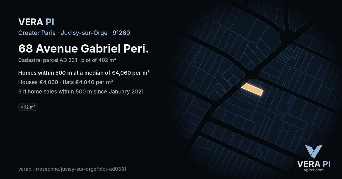 68 Avenue Gabriel Peri, Juvisy-sur-Orge at night – the plot lit, the parcels around coloured by the prices near them