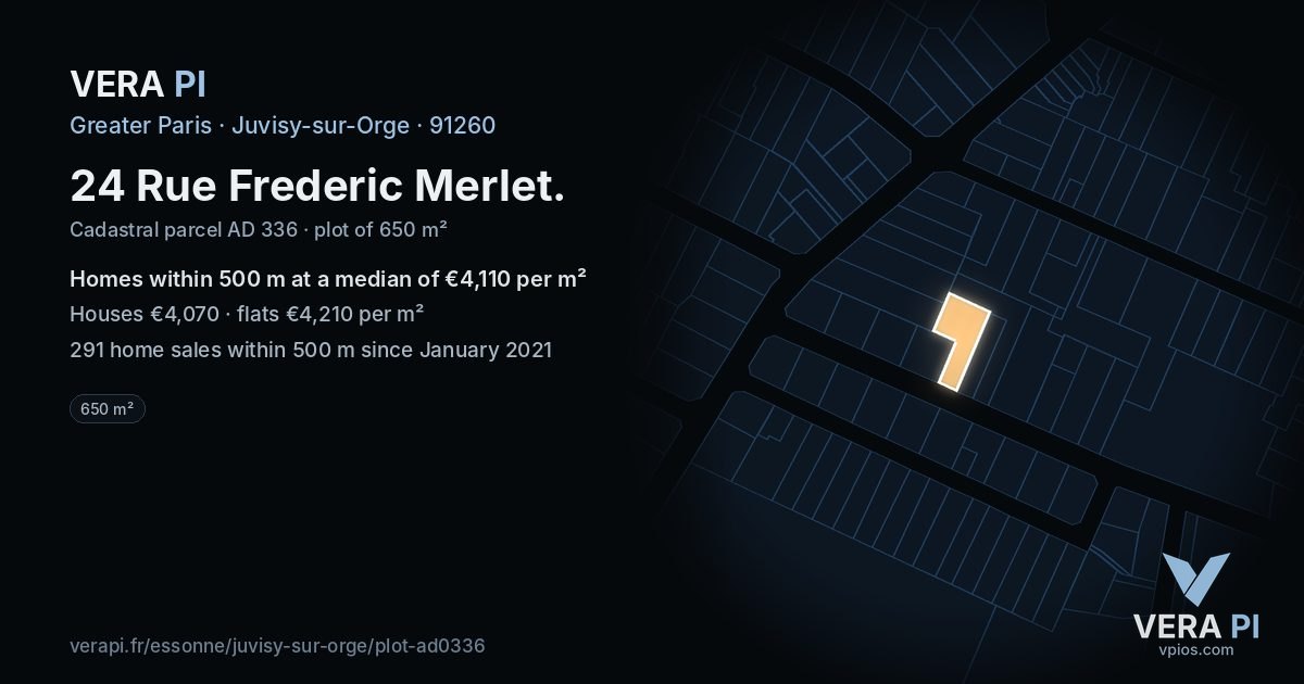 24 Rue Frederic Merlet, Juvisy-sur-Orge at night – the plot lit, the parcels around coloured by the prices near them