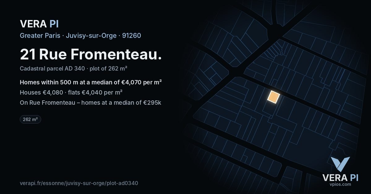 21 Rue Fromenteau, Juvisy-sur-Orge at night – the plot lit, the parcels around coloured by the prices near them