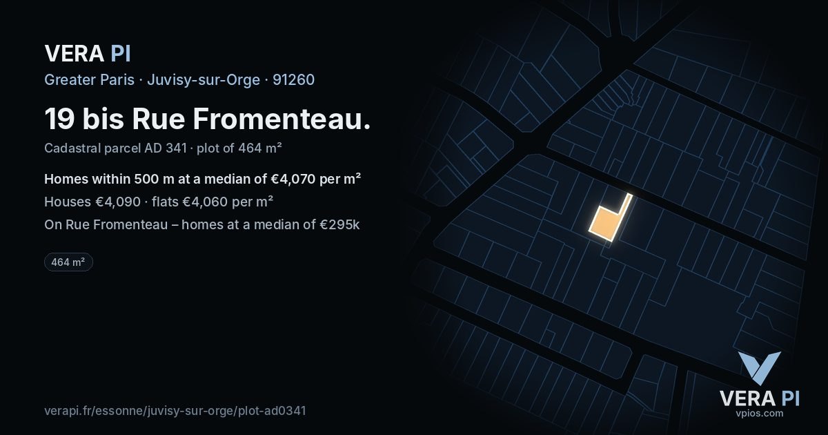 19 bis Rue Fromenteau, Juvisy-sur-Orge at night – the plot lit, the parcels around coloured by the prices near them