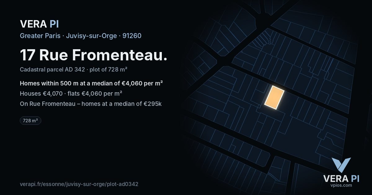 17 Rue Fromenteau, Juvisy-sur-Orge at night – the plot lit, the parcels around coloured by the prices near them