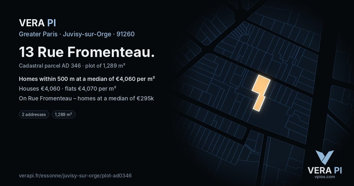 13 Rue Fromenteau, Juvisy-sur-Orge at night – the plot lit, the parcels around coloured by the prices near them
