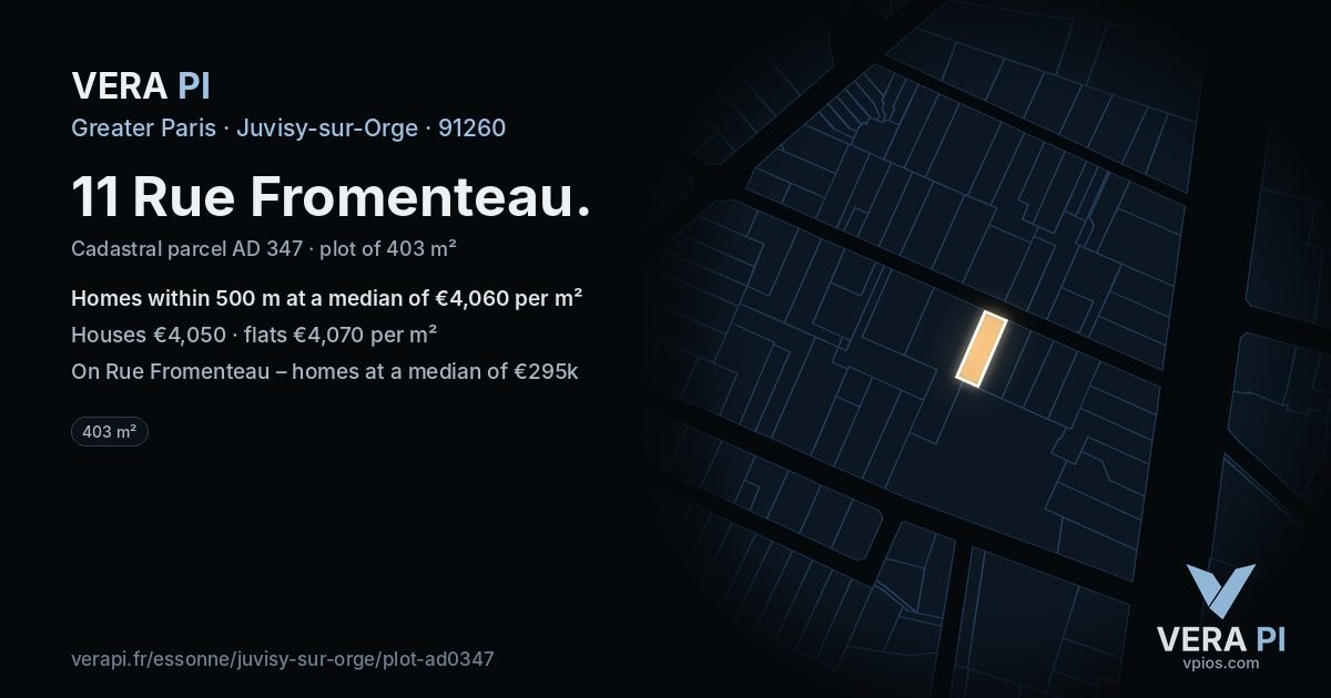 11 Rue Fromenteau, Juvisy-sur-Orge at night – the plot lit, the parcels around coloured by the prices near them