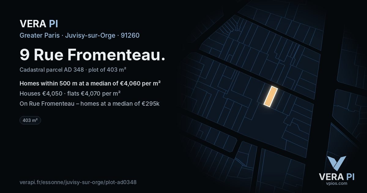 9 Rue Fromenteau, Juvisy-sur-Orge at night – the plot lit, the parcels around coloured by the prices near them