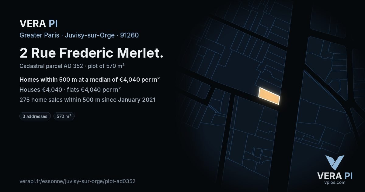 2 Rue Frederic Merlet, Juvisy-sur-Orge at night – the plot lit, the parcels around coloured by the prices near them
