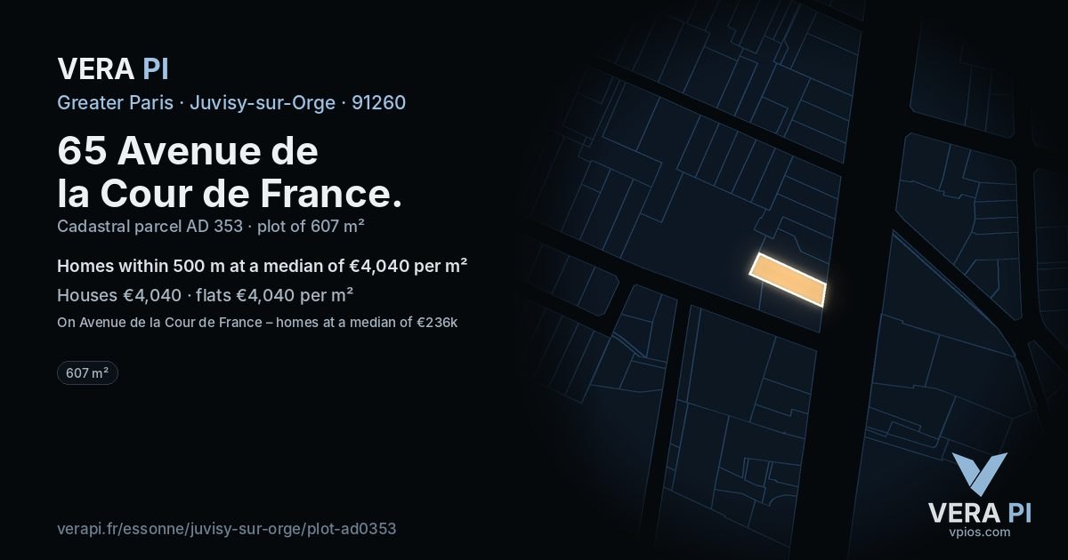 65 Avenue de la Cour de France, Juvisy-sur-Orge at night – the plot lit, the parcels around coloured by the prices near them
