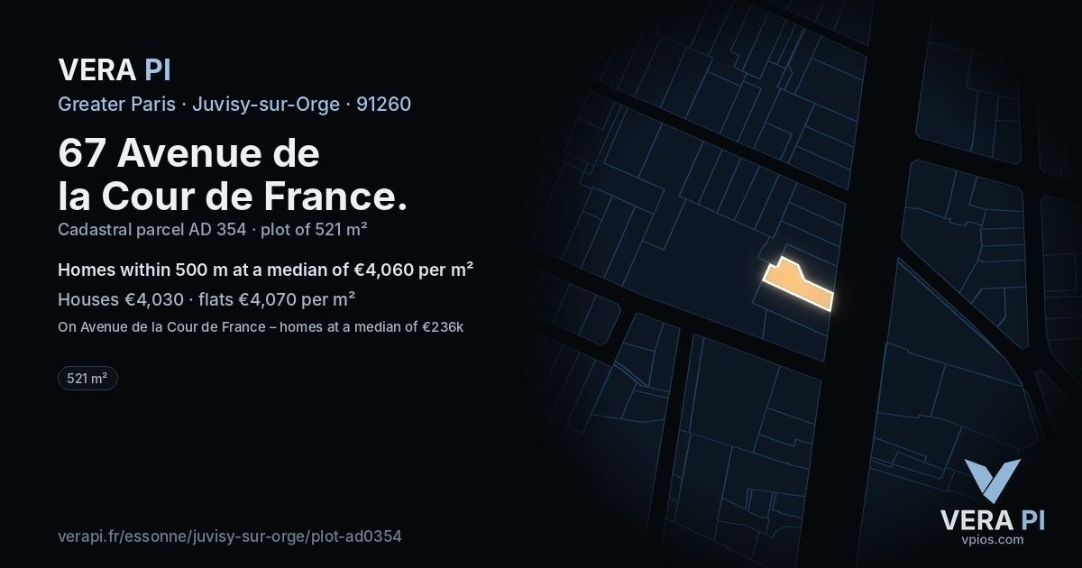 67 Avenue de la Cour de France, Juvisy-sur-Orge at night – the plot lit, the parcels around coloured by the prices near them