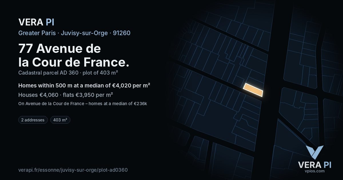 77 Avenue de la Cour de France, Juvisy-sur-Orge at night – the plot lit, the parcels around coloured by the prices near them