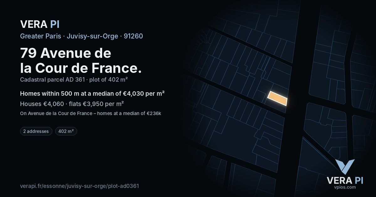 79 Avenue de la Cour de France, Juvisy-sur-Orge at night – the plot lit, the parcels around coloured by the prices near them