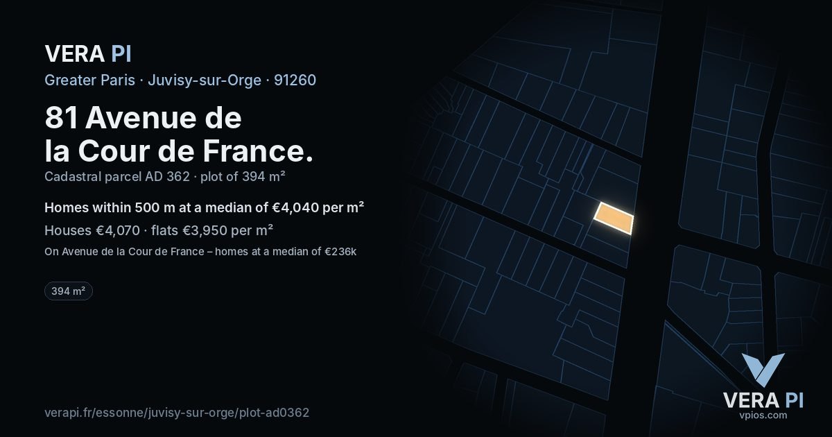 81 Avenue de la Cour de France, Juvisy-sur-Orge at night – the plot lit, the parcels around coloured by the prices near them