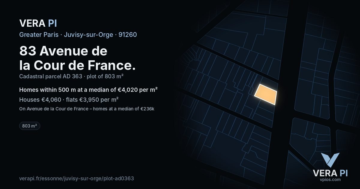 83 Avenue de la Cour de France, Juvisy-sur-Orge at night – the plot lit, the parcels around coloured by the prices near them