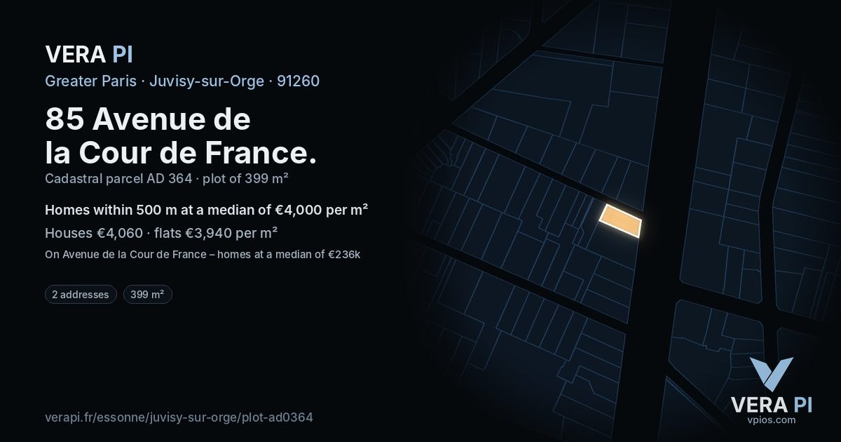 85 Avenue de la Cour de France, Juvisy-sur-Orge at night – the plot lit, the parcels around coloured by the prices near them