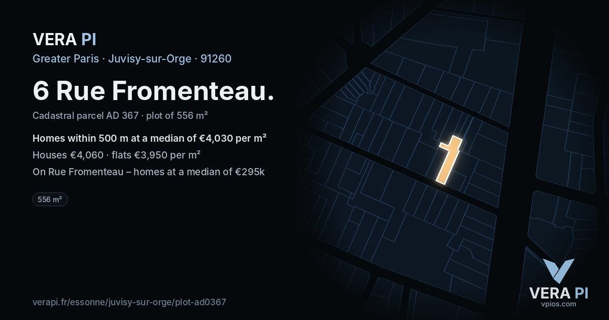 6 Rue Fromenteau, Juvisy-sur-Orge at night – the plot lit, the parcels around coloured by the prices near them