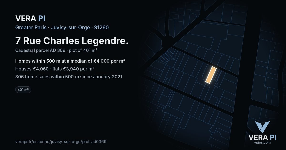 7 Rue Charles Legendre, Juvisy-sur-Orge at night – the plot lit, the parcels around coloured by the prices near them