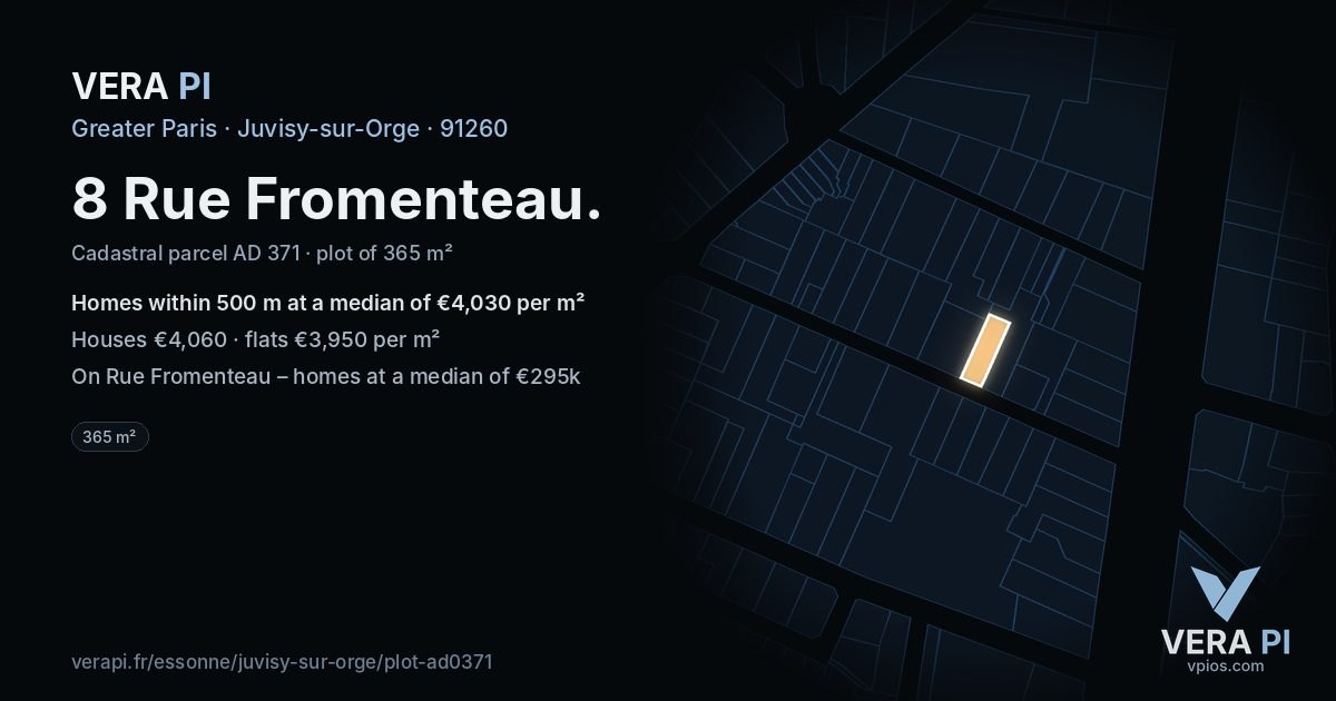 8 Rue Fromenteau, Juvisy-sur-Orge at night – the plot lit, the parcels around coloured by the prices near them