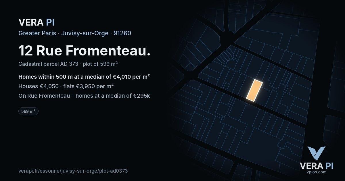 12 Rue Fromenteau, Juvisy-sur-Orge at night – the plot lit, the parcels around coloured by the prices near them