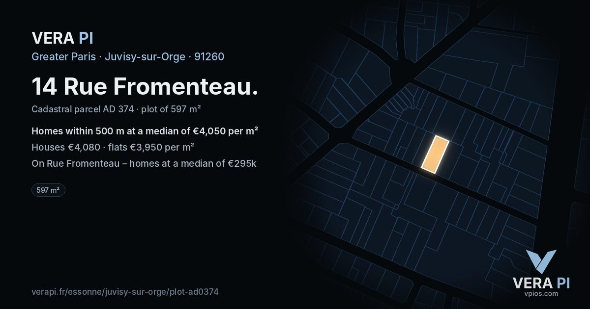 14 Rue Fromenteau, Juvisy-sur-Orge at night – the plot lit, the parcels around coloured by the prices near them