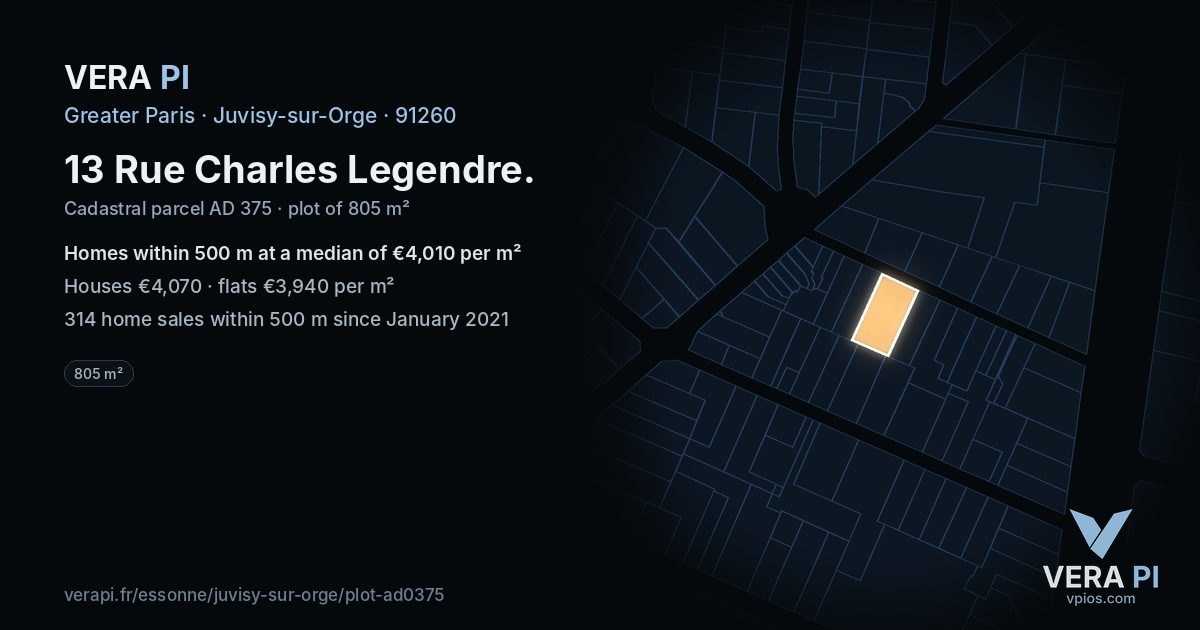 13 Rue Charles Legendre, Juvisy-sur-Orge at night – the plot lit, the parcels around coloured by the prices near them