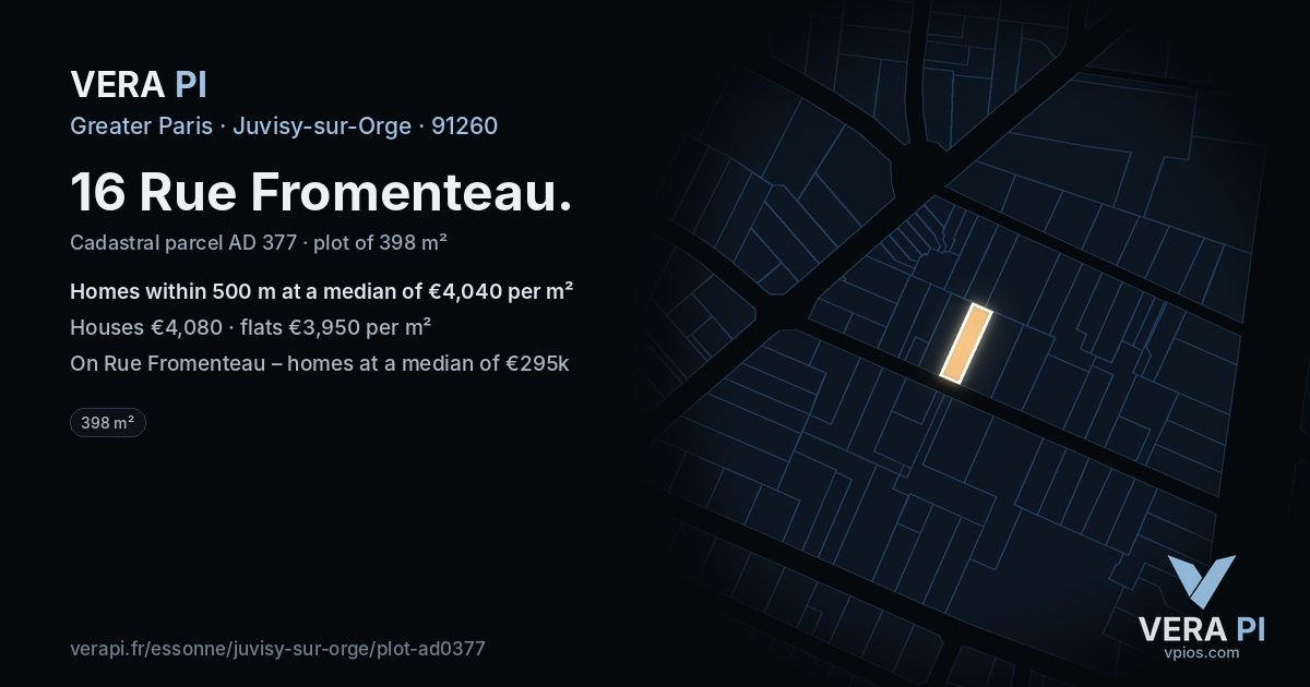 16 Rue Fromenteau, Juvisy-sur-Orge at night – the plot lit, the parcels around coloured by the prices near them